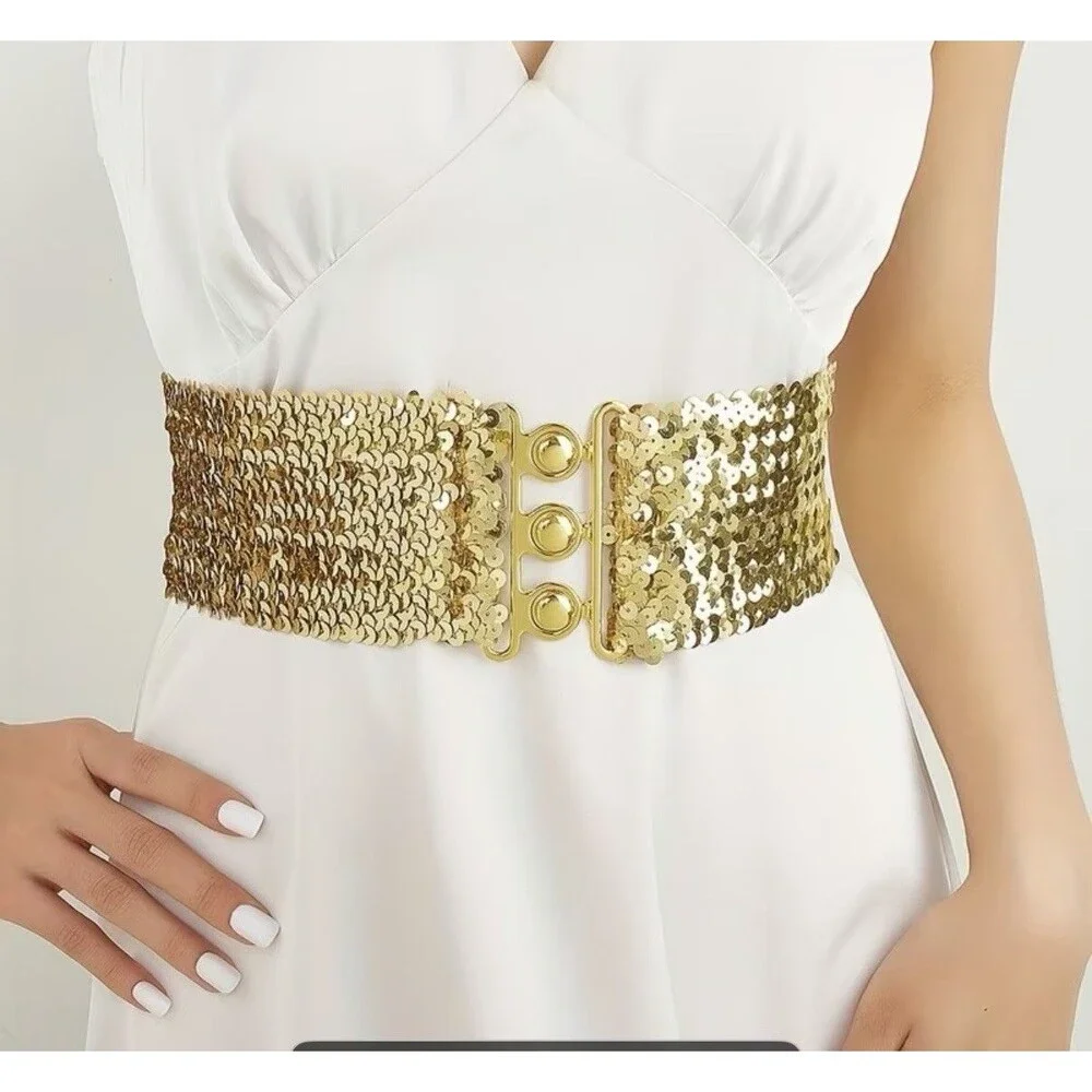 Women's Two Sequin Elastic Waist Belts - Vintage Style, Adjustable One Size